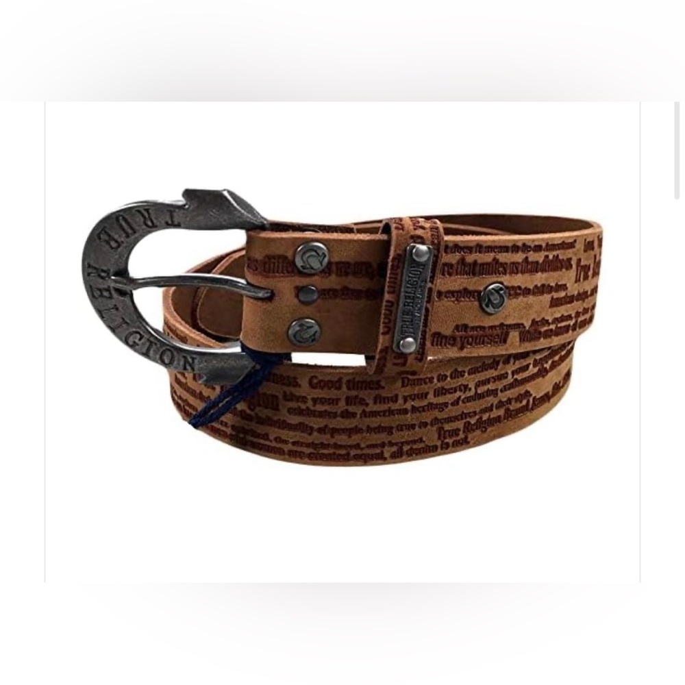 True Religion Women’s Leather Script Hardware Logo Horseshoe Buckle NWOT